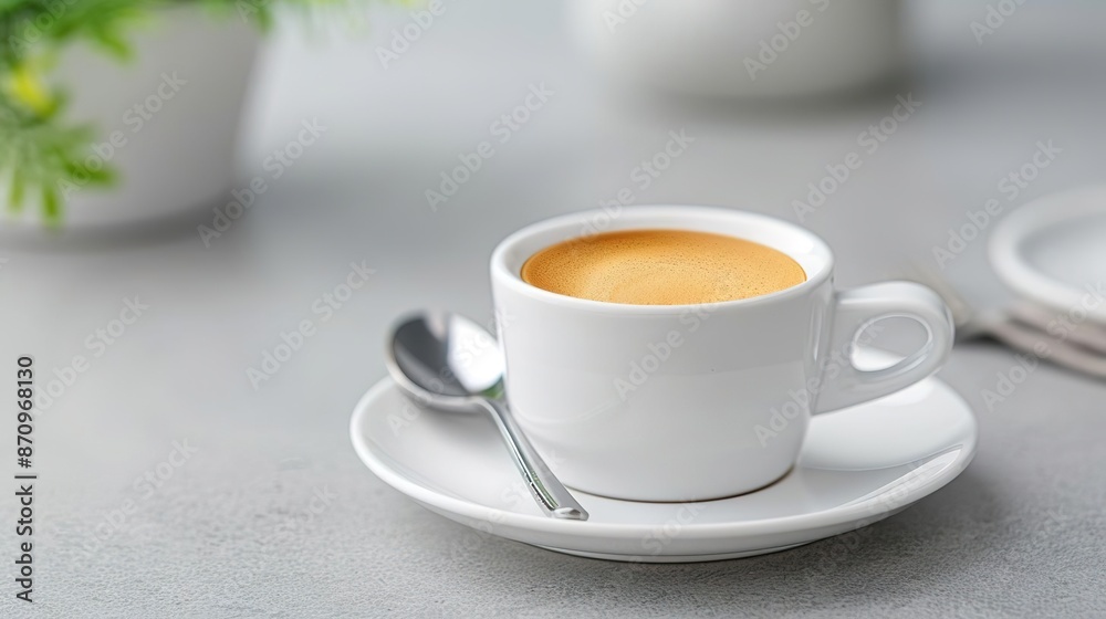Eye-Level Angle, a freshly brewed espresso in a small white porcelain cup, with a perfect crema layer, placed on a saucer with a silver spoon, showcasing the rich aroma and texture Eye-Level Angle, a freshly brewed espresso in a small white porcelain cup, with a perfect crema layer, placed on a saucer with a silver spoon, showcasing the rich aroma and texture