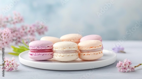 Eye-Level Angle, a classic French dessert platter with delicate macarons, eclairs, and petit fours arranged on a tiered cake stand, adorned with edible flowers, showcasing French c