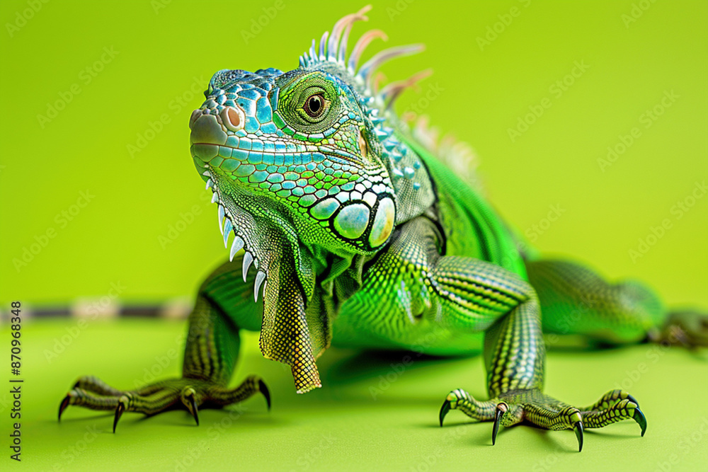 Fototapeta premium Looking into the camera Iguana on plain studio green background. Animal wildlife world diversity concept
