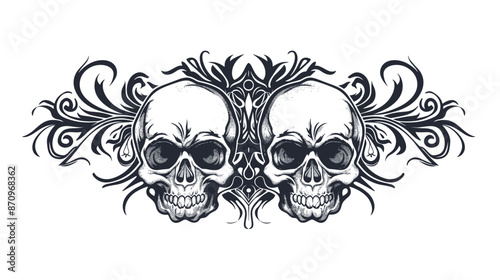 Two skulls are drawn on a white background with a black border. The skulls are positioned in a way that they are facing each other, creating a sense of tension and unease. Scene is dark and ominous