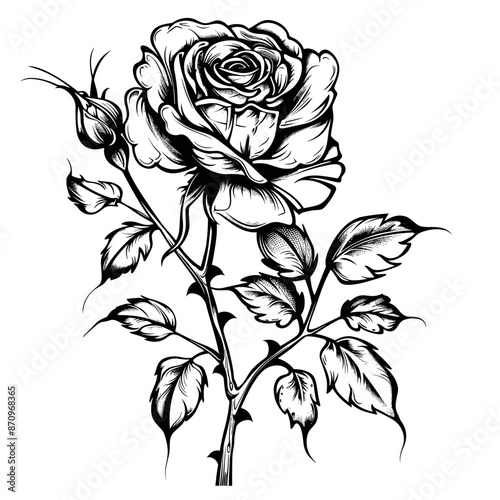 A black and white drawing of a rose with a thorny stem. The rose is the main focus of the drawing, and the thorny stem adds a sense of danger and complexity to the image