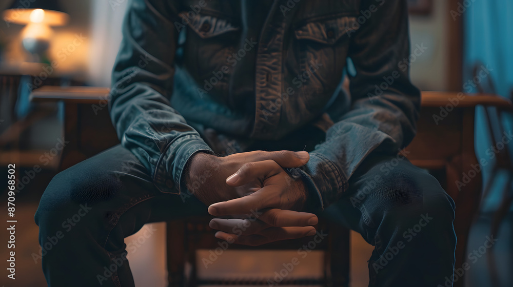 Close-up photo of the hands of a young Hispanic man sitting on a chair at a table and holding his stomach, feeling severe pain and discomfort Close-up photo of the hands of a young Hispanic man sitting on a chair at a table and holding his stomach, feeling severe pain and discomfort