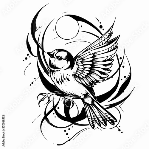 A black and white drawing of a bird with a sun in the background. The bird is perched on a branch and has its wings spread out