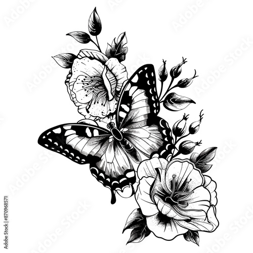 A butterfly is surrounded by flowers and leaves. The butterfly is black and white. The image has a peaceful and calming mood