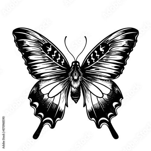 A black and white butterfly with a black head and antennae