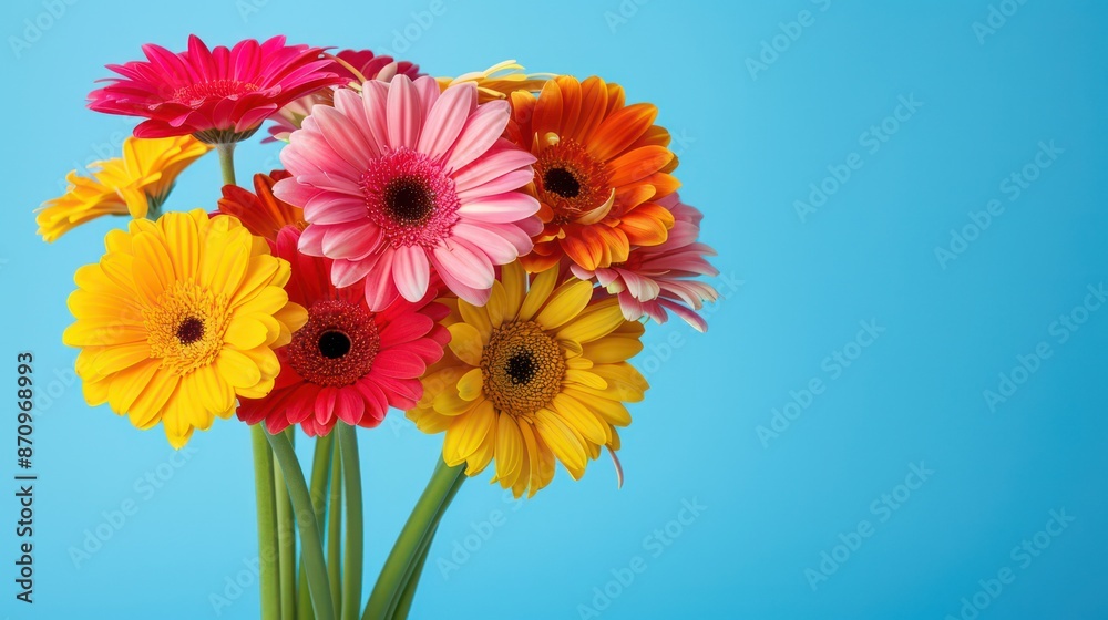 Vibrant bunch of colorful Gerbera daisies on a solid blue background Vibrant bunch of colorful Gerbera daisies on a solid blue background