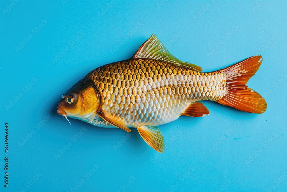 Fototapeta premium Carp fish on plain studio blue background. Concept of industrial production fishing. 