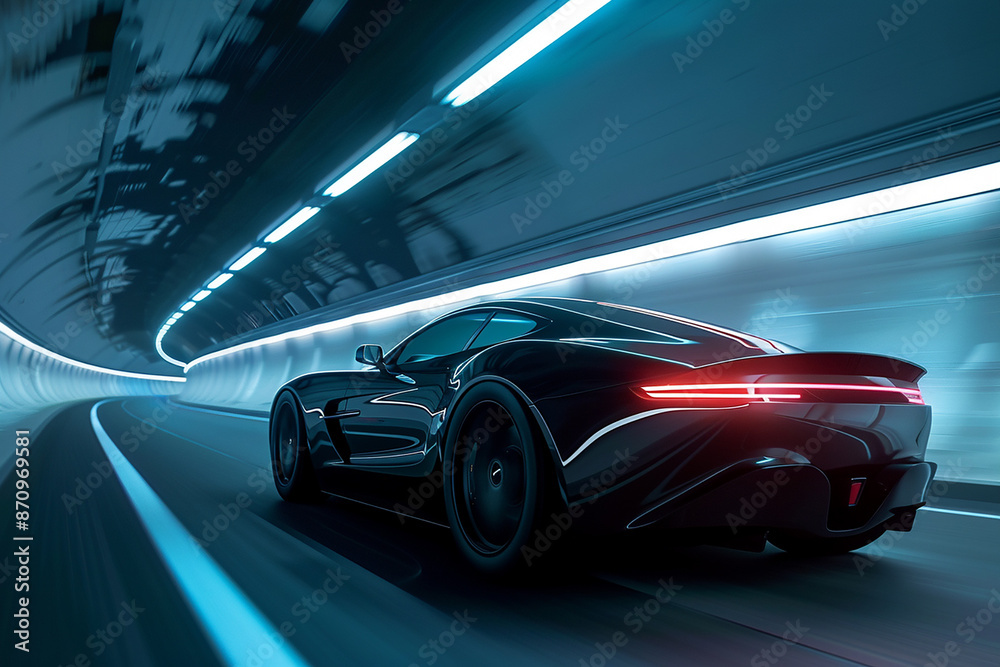 A sleek black sports car speeding through a futuristic tunnel with blue lighting. A sleek black sports car speeding through a futuristic tunnel with blue lighting.