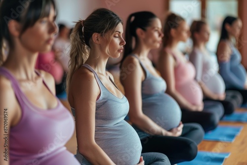 Group of pregnant women practicing yoga in gym. ai generative