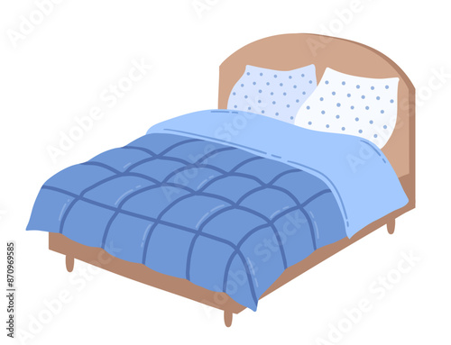 Vector illustration of double Bed with pillows and blanket