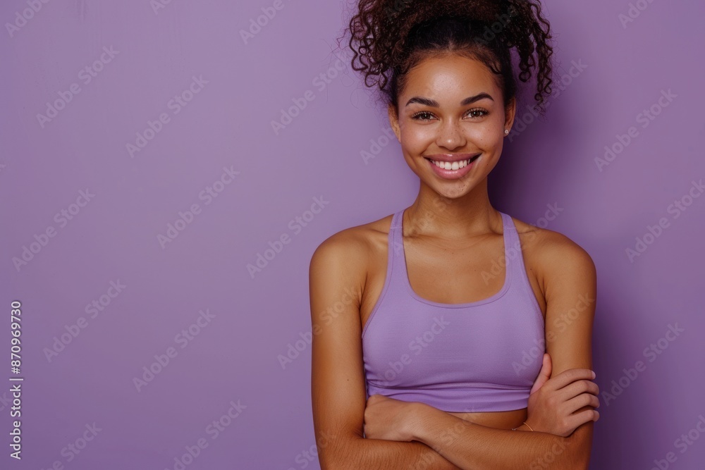 happy attractive sporty fit young woman on purple background, fitness and health concept. ai generative happy attractive sporty fit young woman on purple background, fitness and health concept. ai generative