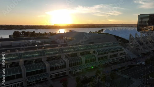 Arial view of downtown San Diego convention center at sunset in California overlooking the marina and bay photo