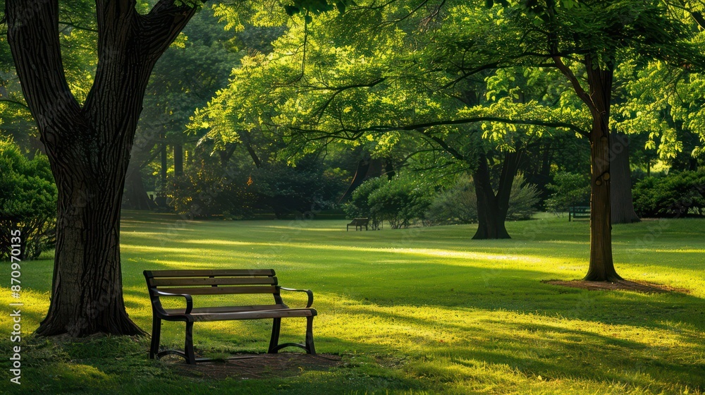 Serene park bench under lush green trees in a sunlit open area Serene park bench under lush green trees in a sunlit open area