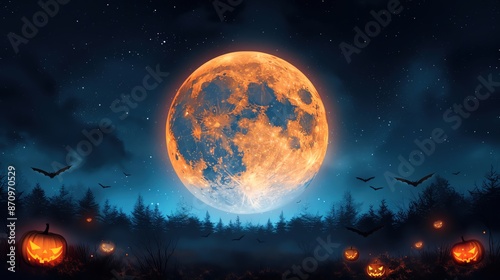 Spooky Halloween night with a bright full moon, flying bats, and glowing jack-o'-lanterns in a dark forest under a starry sky. photo