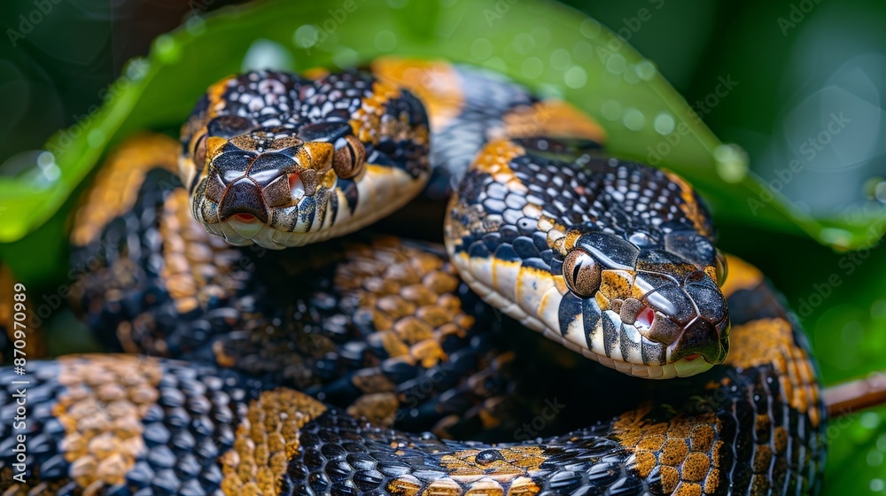A pair of snakes coiled together on a branch, with detailed textures and a lush, green background A pair of snakes coiled together on a branch, with detailed textures and a lush, green background