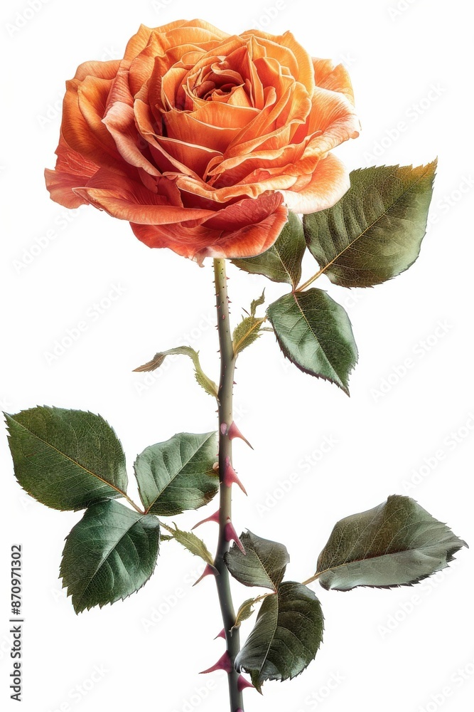 Obraz premium Vibrant Orange Rose with Green Leaves on White Background - High-Resolution Floral Photography