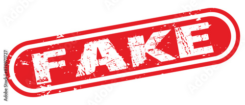 Fake stamp design on white background. Grunge rubber stamp with word Fake in red. Flat design. Vector illustration