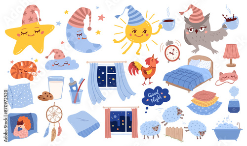 Good night vector hand drawn illustrations collection. Bedtime sleeping hygiene objects, characters and accessories