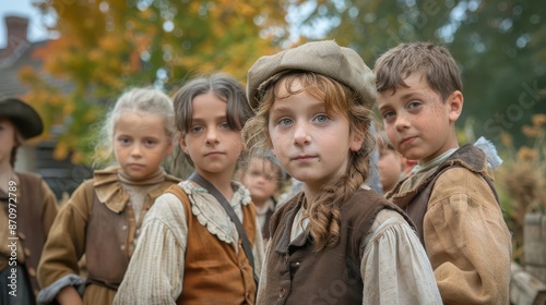 Group of children at a historical village reenactment, Field trip, living history,
