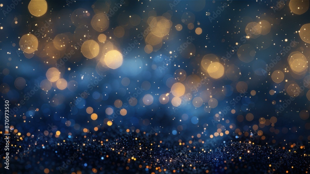 Fototapeta premium Glowing particles floating in a dark blue background. AI.