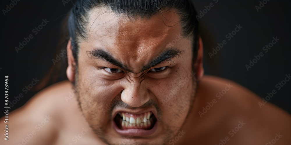Portrait of a sumo wrestler with an angry expression on his face. AI.