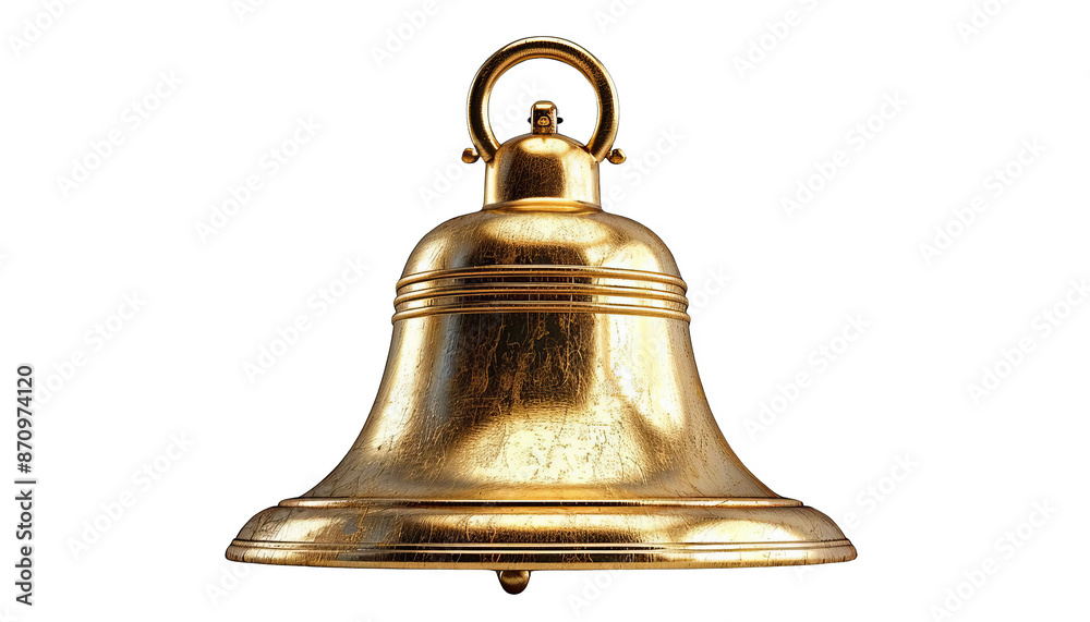 Clear image of a golden bell. The bell has a shiny surface and is isolated on a white background. Clear image of a golden bell. The bell has a shiny surface and is isolated on a white background.
