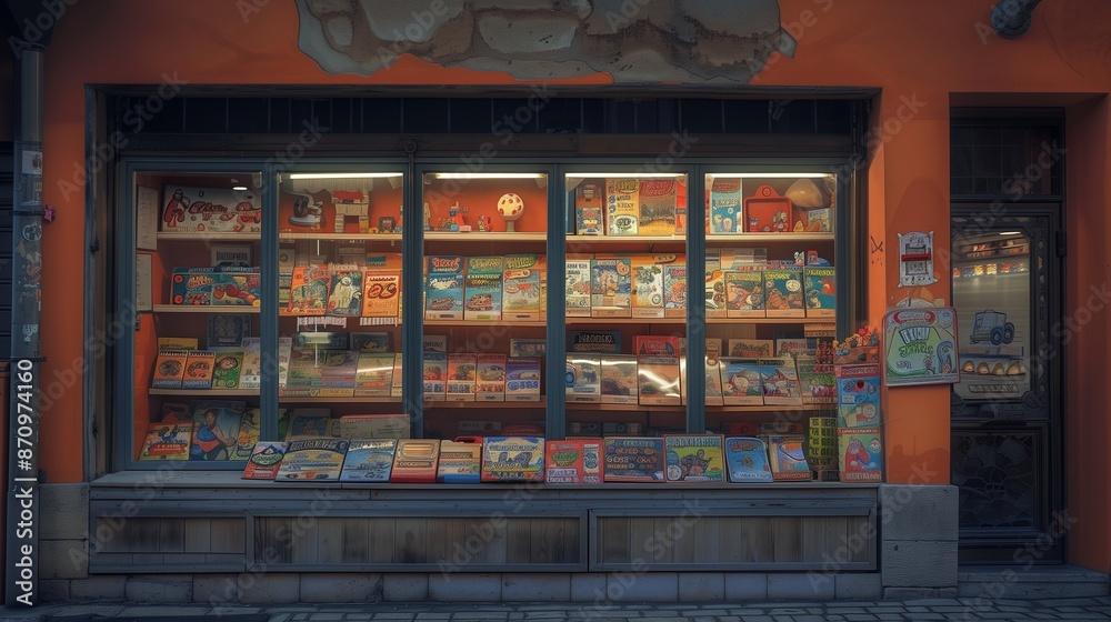 An inviting storefront with a weathered orange facade, showcasing shelves of retro board games and vintage toys. Soft ambient light enhances the nostalgic atmosphere. An inviting storefront with a weathered orange facade, showcasing shelves of retro board games and vintage toys. Soft ambient light enhances the nostalgic atmosphere.