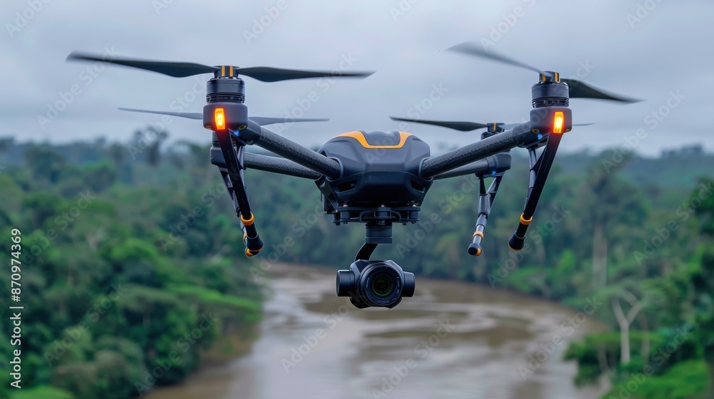 A drone is flying over a river in the middle of a forest. AI.