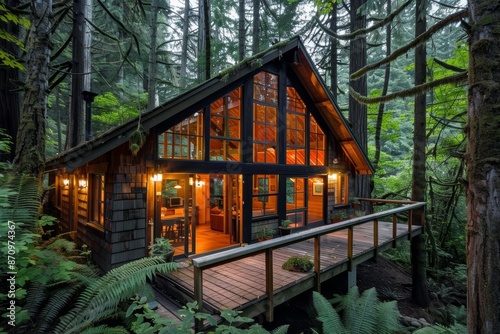 Serene Forest Cabin Retreat with Wooden Deck and Large Windows Amidst Tall Trees