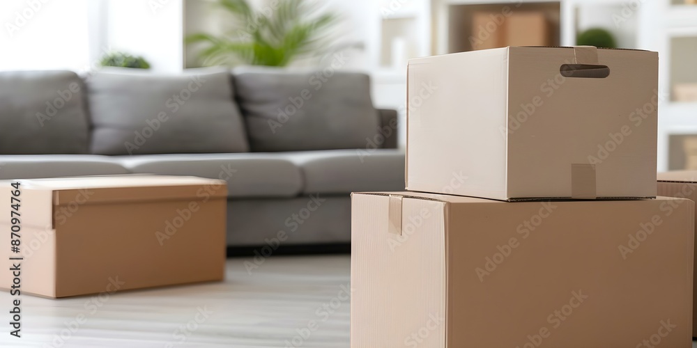 Moving to a New Home Bright Living Room with Boxes. Concept Home Decor, Moving Day, Bright Interiors, Unpacking, New Beginnings Moving to a New Home Bright Living Room with Boxes. Concept Home Decor, Moving Day, Bright Interiors, Unpacking, New Beginnings