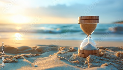 An hourglass sits on the sand with a beautiful sunrise over the ocean in the background, symbolizing time passing