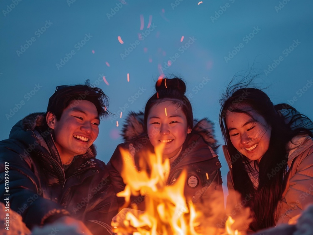 Three friends enjoying a bonfire on a cold winter night. AI. Three friends enjoying a bonfire on a cold winter night. AI.