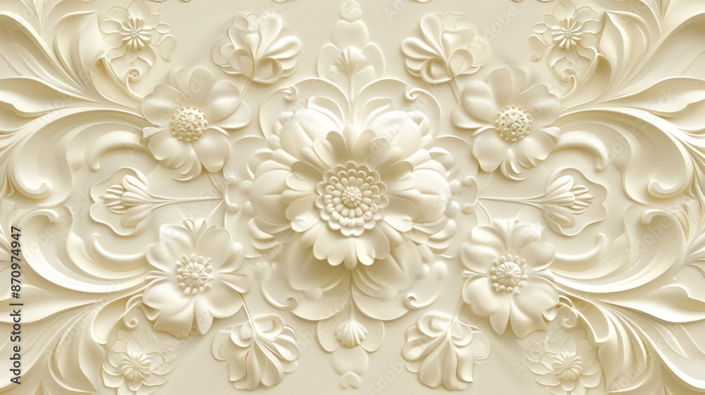 Intricate floral patterns embossed on a creamy beige background decor Intricate floral patterns embossed on a creamy beige background decor