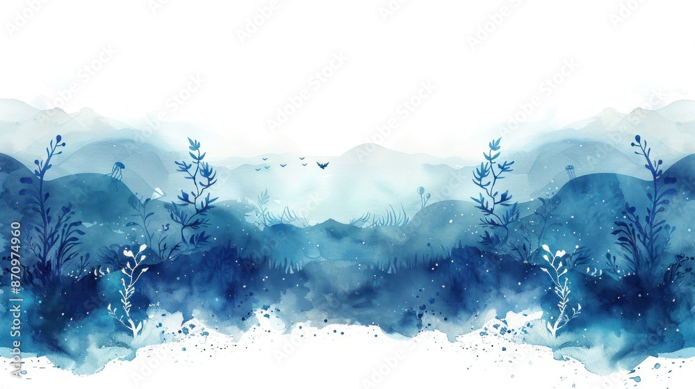 Abstract watercolor gradient in blue hues featuring splashes and floral elements, ideal for artistic backgrounds and creative projects. Abstract watercolor gradient in blue hues featuring splashes and floral elements, ideal for artistic backgrounds and creative projects.