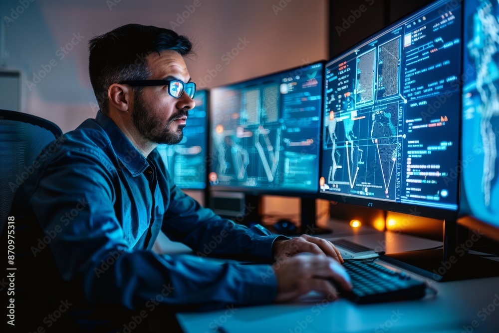 A focused professional analyzes data on multiple monitors in a dimly lit office, surrounded by complex digital displays and charts. A focused professional analyzes data on multiple monitors in a dimly lit office, surrounded by complex digital displays and charts.