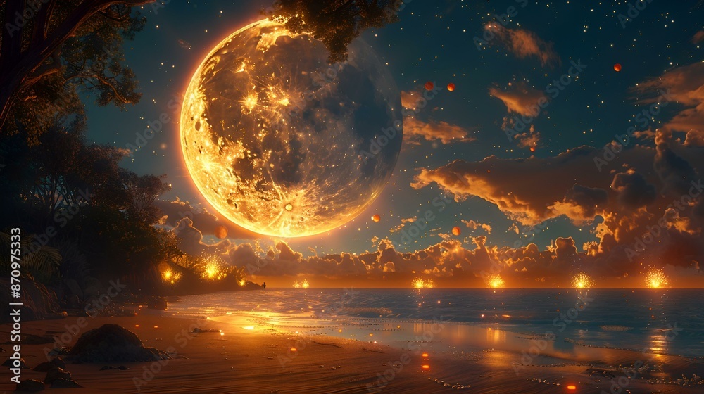 Full moon shining over ocean waves with fireflies glowing in the night sky. Full moon shining over ocean waves with fireflies glowing in the night sky.
