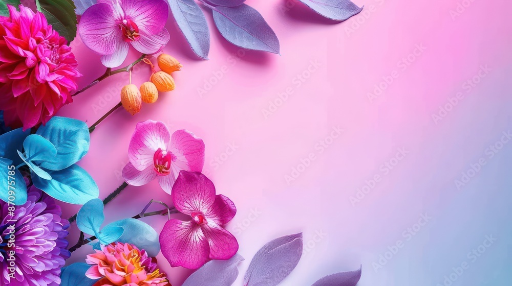 Vibrant flowers and leaves on gradient pink and purple background. Vibrant flowers and leaves on gradient pink and purple background.