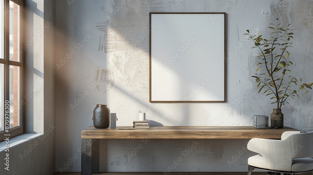 Clean, modern home office with a blank poster on the wall above a wooden desk, a comfortable chair, and a minimalist aesthetic, with gentle sunlight pouring in. Clean, modern home office with a blank poster on the wall above a wooden desk, a comfortable chair, and a minimalist aesthetic, with gentle sunlight pouring in.