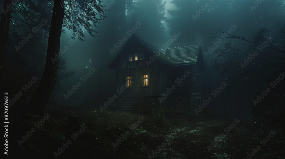 scary haunted abandoned old house in dark forest with mist smoke and spooky trees
