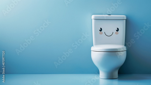 Novelty Kawaii toilet with a cute happy smiling face. Unusual bathroom loo decor marketing advertising interior design mockup stock image. Blue background with copy space.