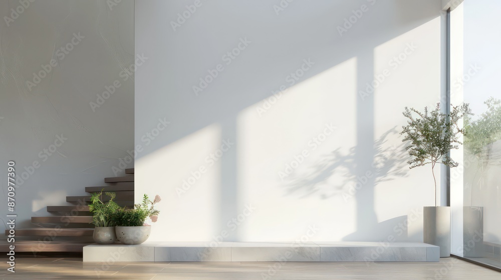 Fototapeta premium light interior design with empty wall and copy space for wall art mockup, minimalistic, modern, scandinavian