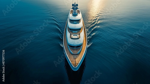 Aerial drone ultra wide panoramic photo with copy space of the most recent technology modern mega yacht with wooden deck and helipad anchored in deep blue. photo