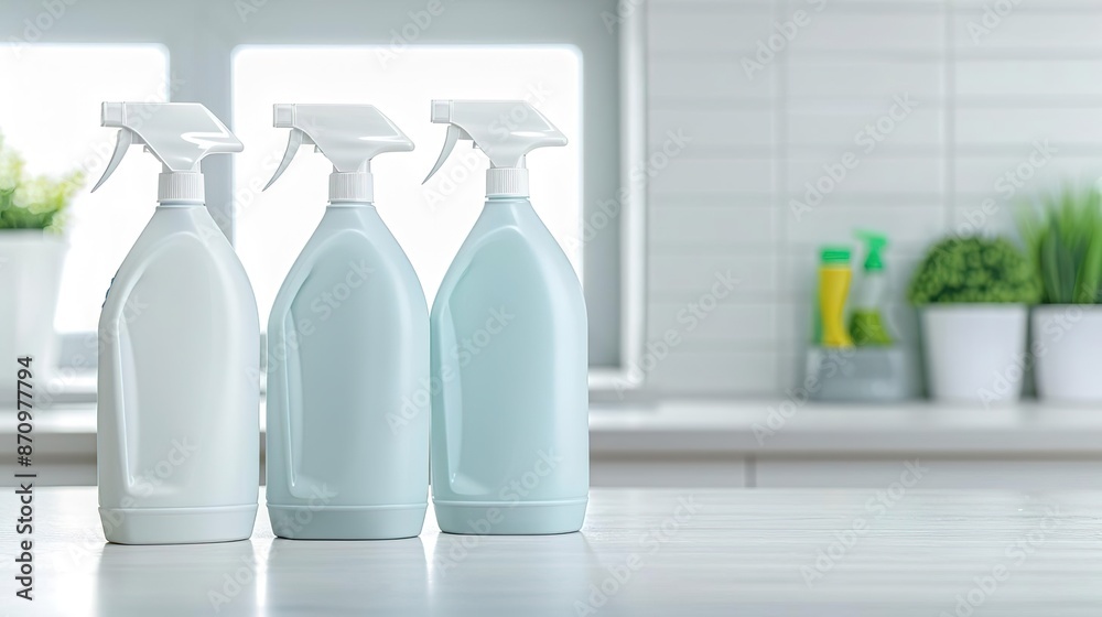 Three spray bottles on a kitchen counter, ready for cleaning. Three spray bottles on a kitchen counter, ready for cleaning.