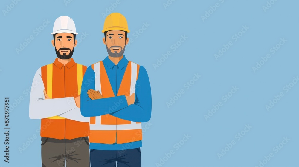 Two construction workers with safety gear smiling, standing cross-armed. Two construction workers with safety gear smiling, standing cross-armed.