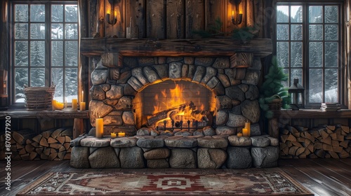 Cozy rustic cabin interior with stone fireplace and burning fire, winter outdoor view. Warm and inviting home concept