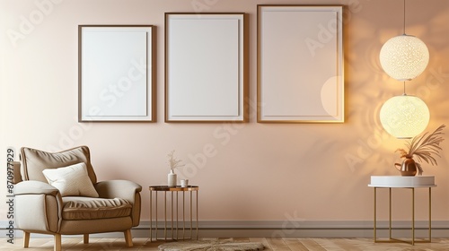 Elegant living room showcasing three blank poster frames on a soft pastel wall, a plush armchair, and a stylish side table, illuminated by warm ambient lighting.