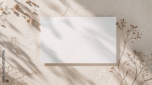 Elegant white invitation card mockup adorned with delicate dried flowers, casting soft shadows on a textured beige backdrop.