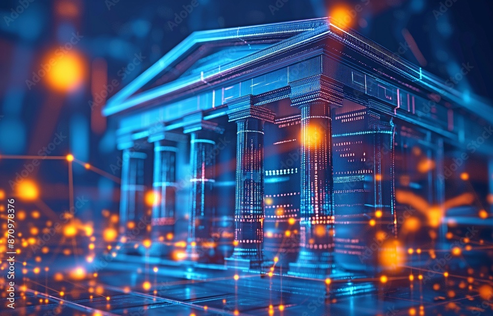 Fototapeta premium Bank on digital technological networks, internet banking, and digital money exchange.