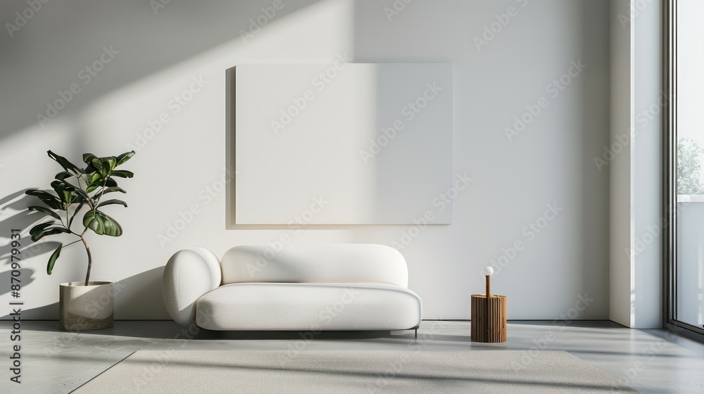 Fototapeta premium scandinavian interior, minimalistic interior with empty wall, copy space, blank canvas on wall for wall art, mockup template