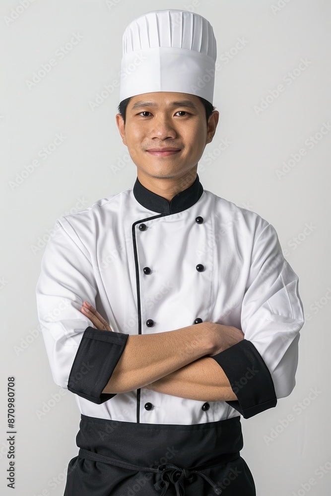 asian chef in black and white uniform